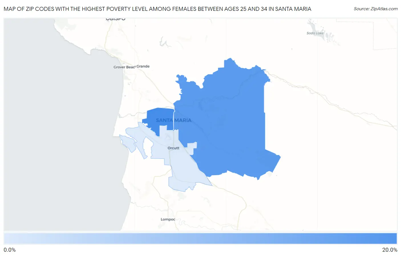 Zip Codes with the Highest Poverty Level Among Females Between Ages 25 and 34 in Santa Maria Map