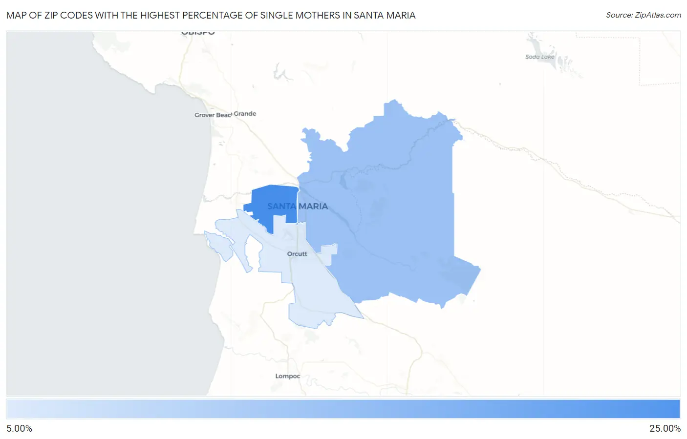 Zip Codes with the Highest Percentage of Single Mothers in Santa Maria Map
