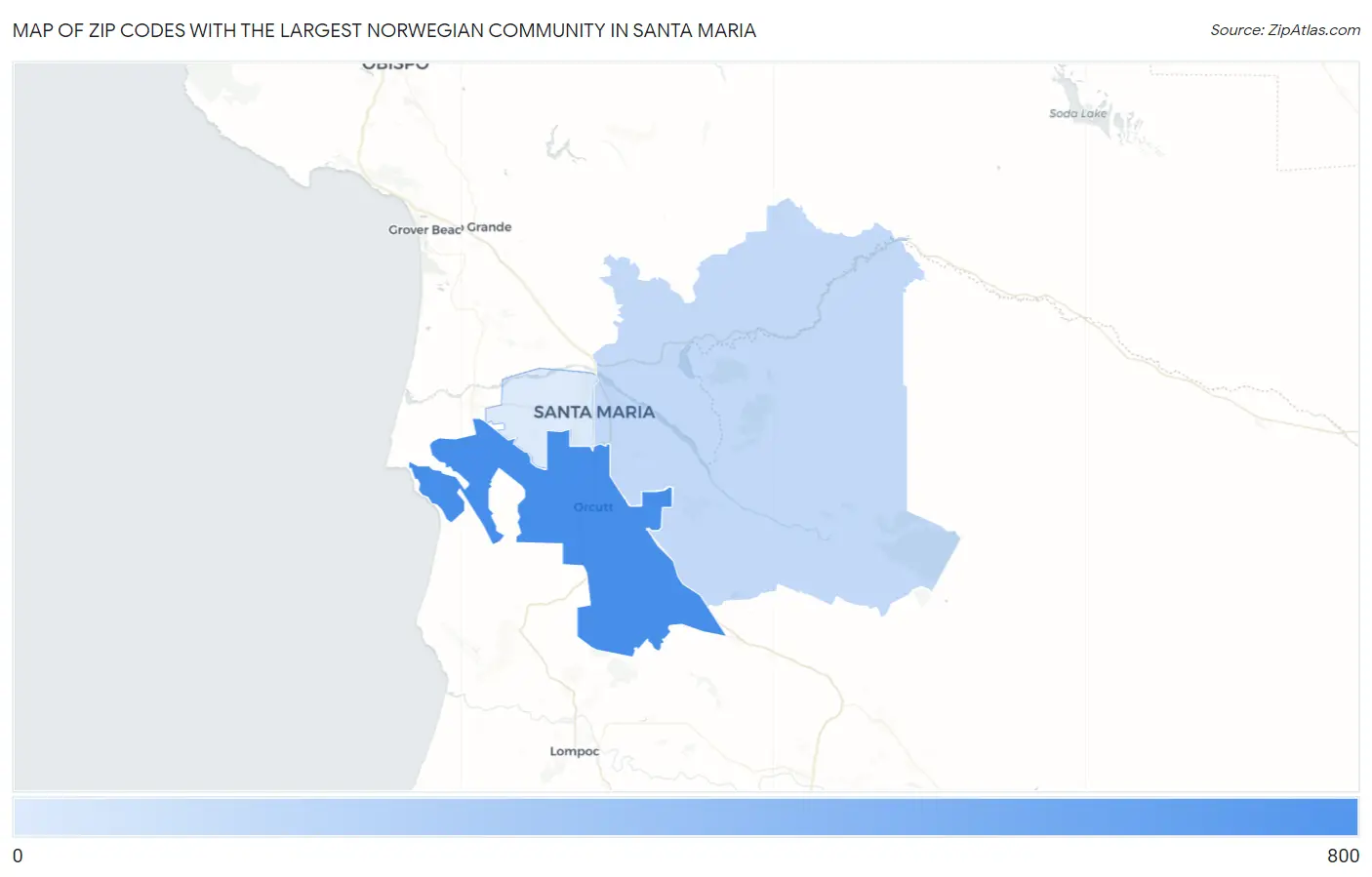 Zip Codes with the Largest Norwegian Community in Santa Maria Map