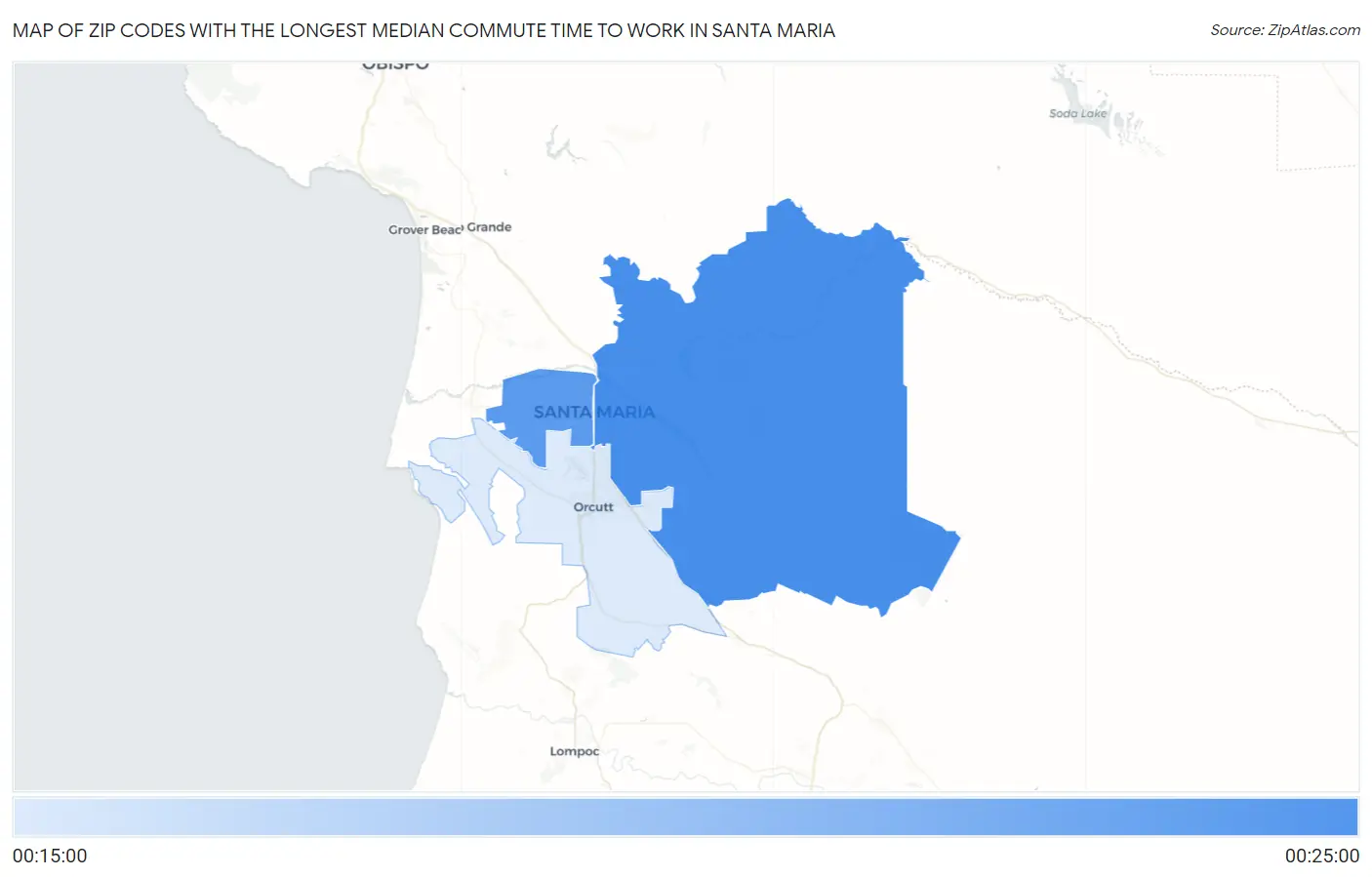 Zip Codes with the Longest Median Commute Time to Work in Santa Maria Map