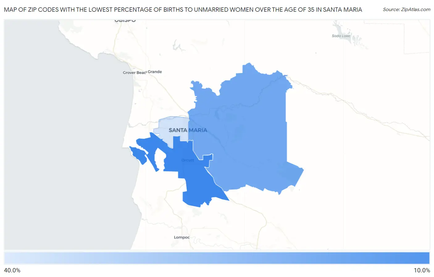 Zip Codes with the Lowest Percentage of Births to Unmarried Women over the Age of 35 in Santa Maria Map