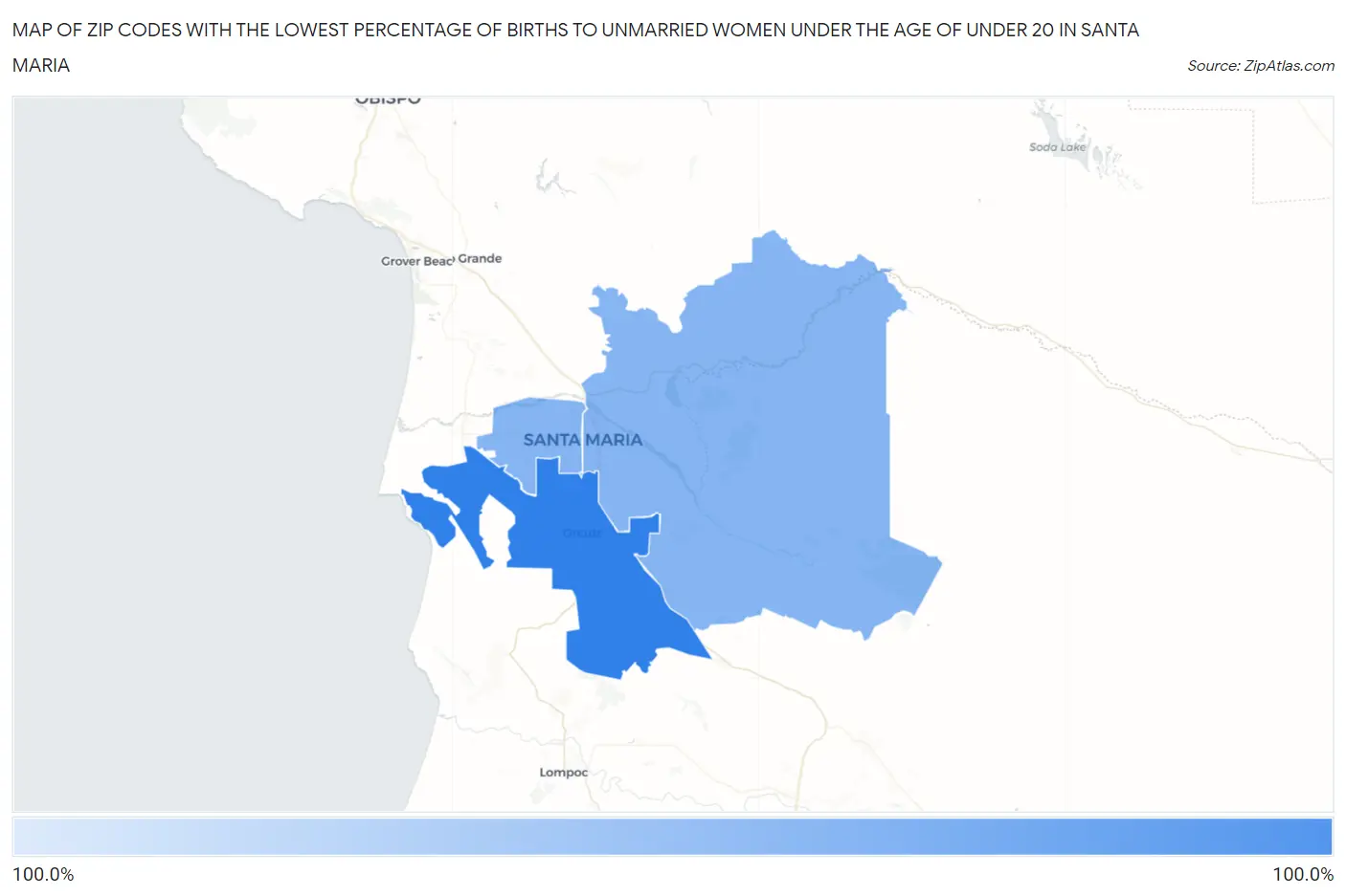 Zip Codes with the Lowest Percentage of Births to Unmarried Women under the Age of under 20 in Santa Maria Map