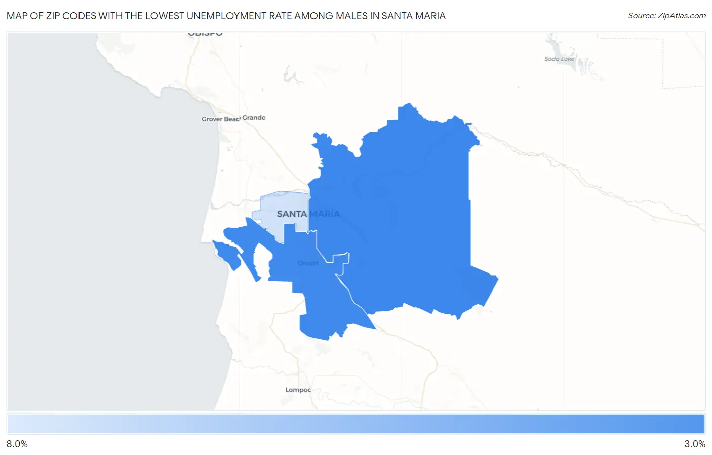 Zip Codes with the Lowest Unemployment Rate Among Males in Santa Maria Map