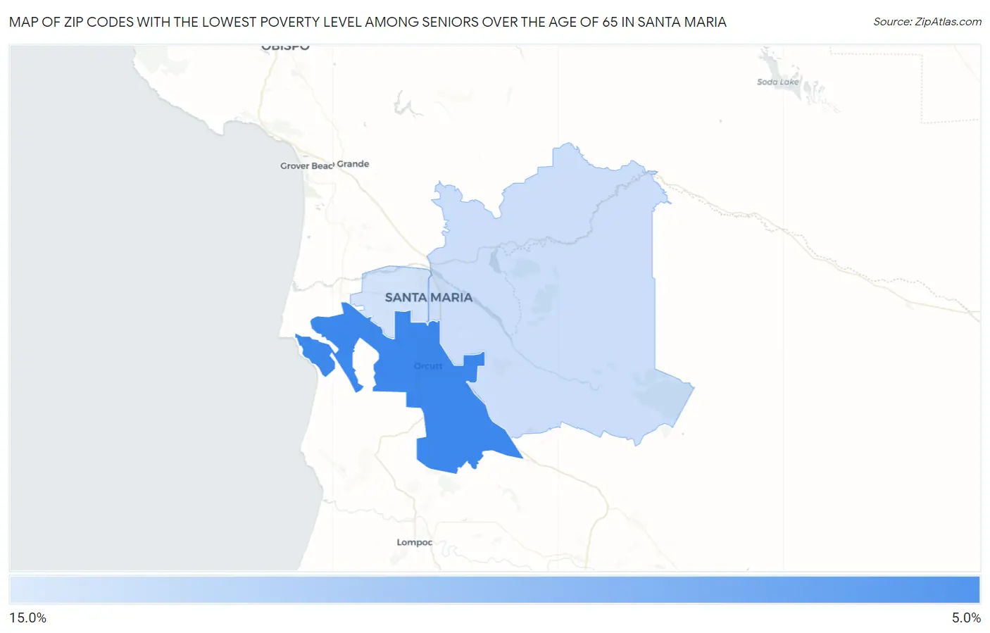 Zip Codes with the Lowest Poverty Level Among Seniors Over the Age of 65 in Santa Maria Map