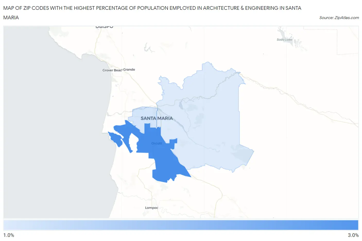 Zip Codes with the Highest Percentage of Population Employed in Architecture & Engineering in Santa Maria Map
