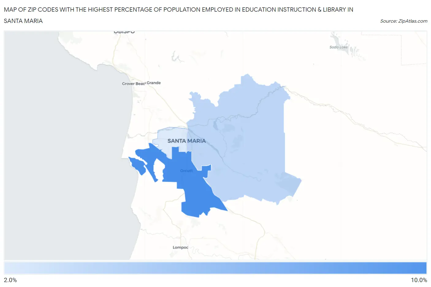 Zip Codes with the Highest Percentage of Population Employed in Education Instruction & Library in Santa Maria Map