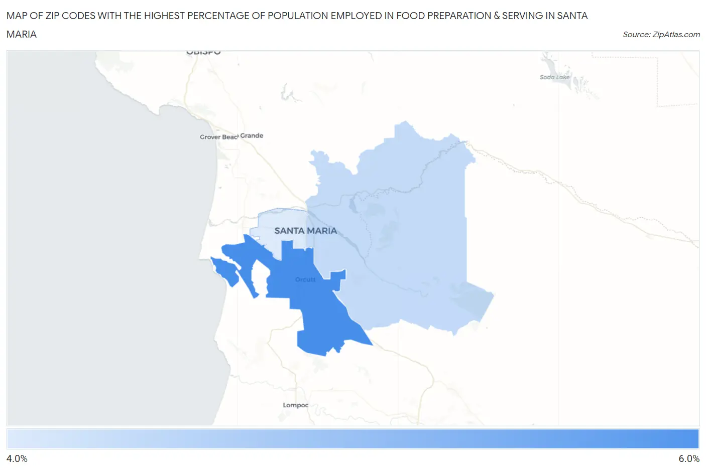 Zip Codes with the Highest Percentage of Population Employed in Food Preparation & Serving in Santa Maria Map