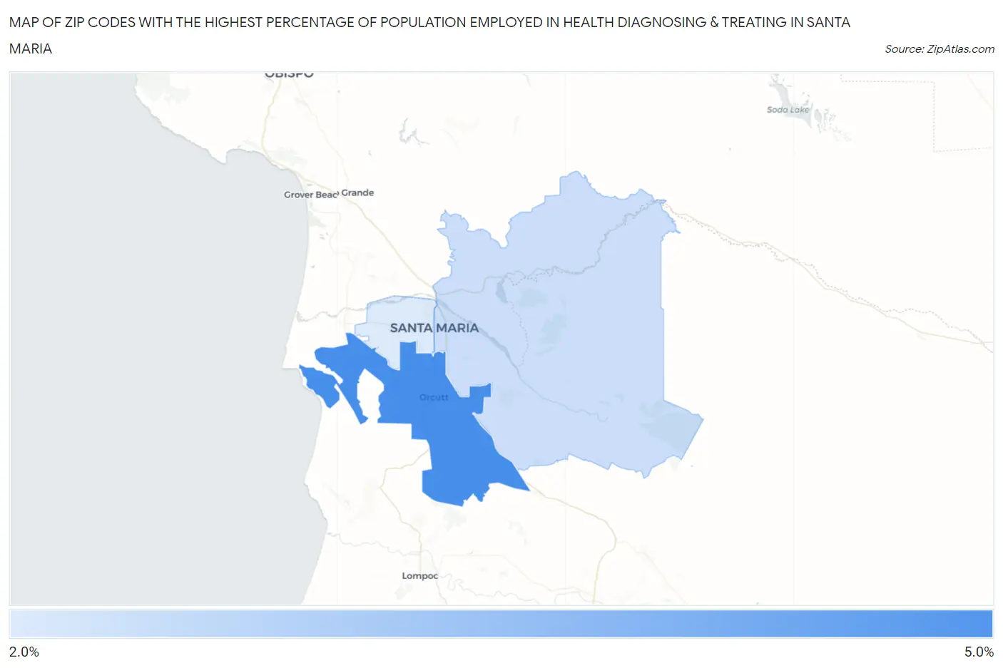 Zip Codes with the Highest Percentage of Population Employed in Health Diagnosing & Treating in Santa Maria Map