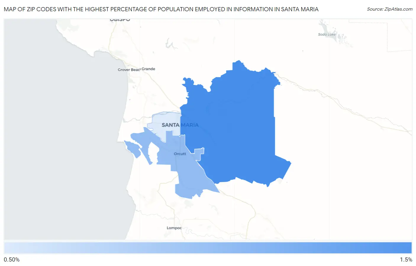 Zip Codes with the Highest Percentage of Population Employed in Information in Santa Maria Map