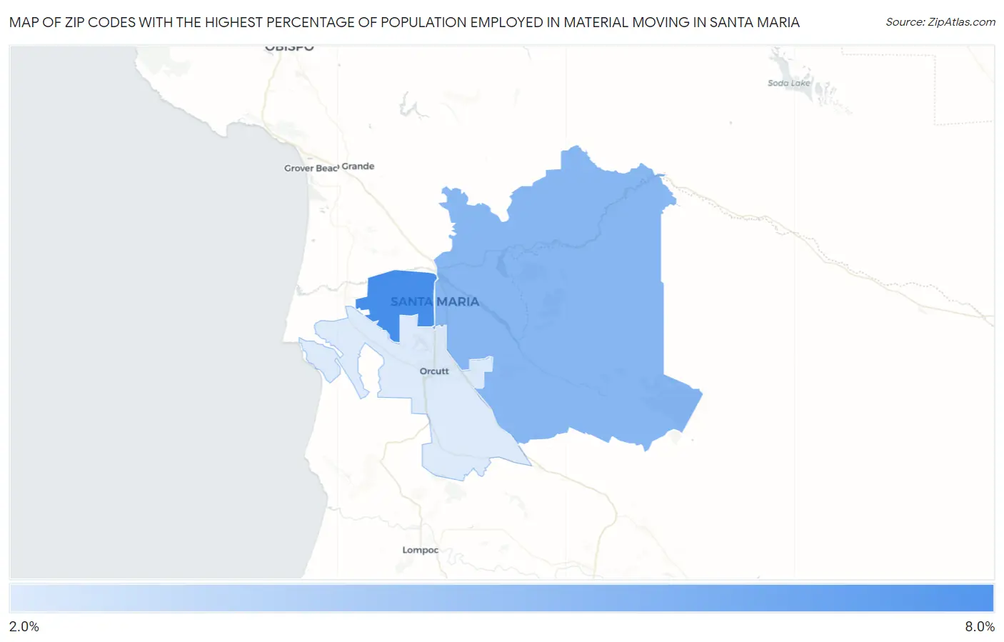 Zip Codes with the Highest Percentage of Population Employed in Material Moving in Santa Maria Map