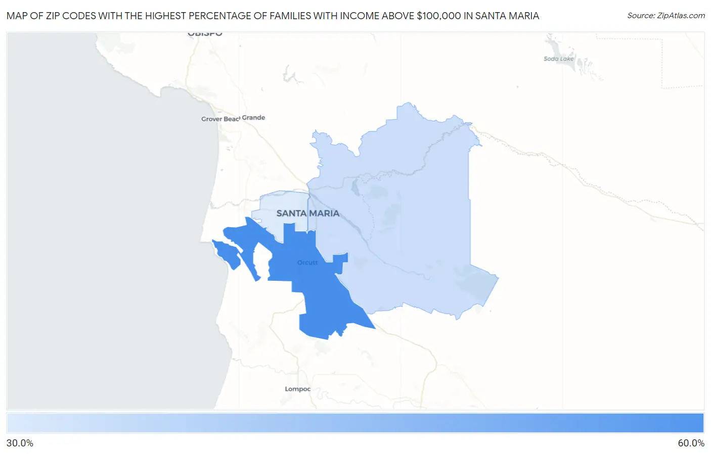 Zip Codes with the Highest Percentage of Families with Income Above $100,000 in Santa Maria Map