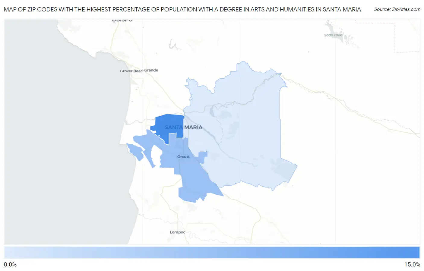 Zip Codes with the Highest Percentage of Population with a Degree in Arts and Humanities in Santa Maria Map