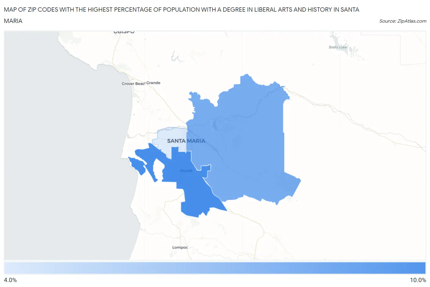 Zip Codes with the Highest Percentage of Population with a Degree in Liberal Arts and History in Santa Maria Map