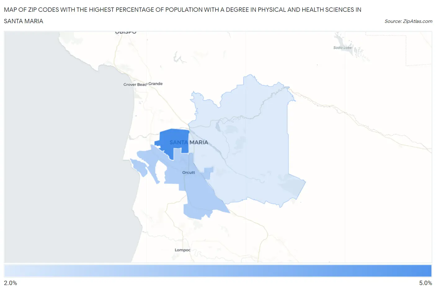 Zip Codes with the Highest Percentage of Population with a Degree in Physical and Health Sciences in Santa Maria Map
