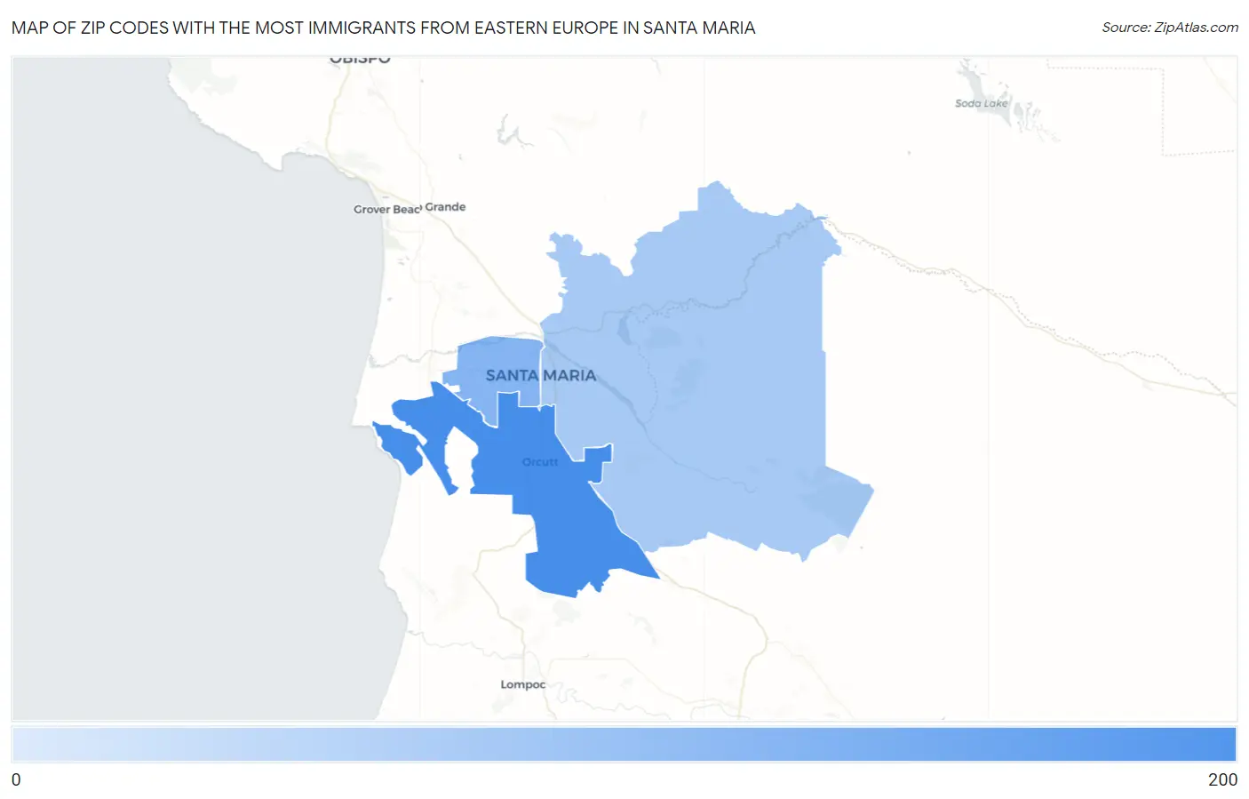 Zip Codes with the Most Immigrants from Eastern Europe in Santa Maria Map