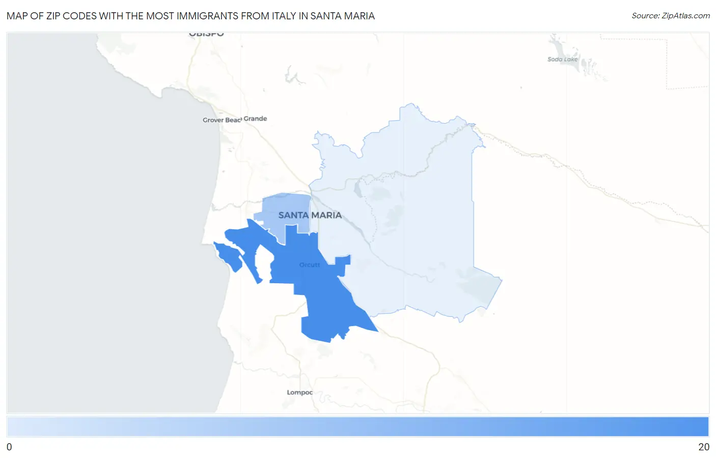 Zip Codes with the Most Immigrants from Italy in Santa Maria Map