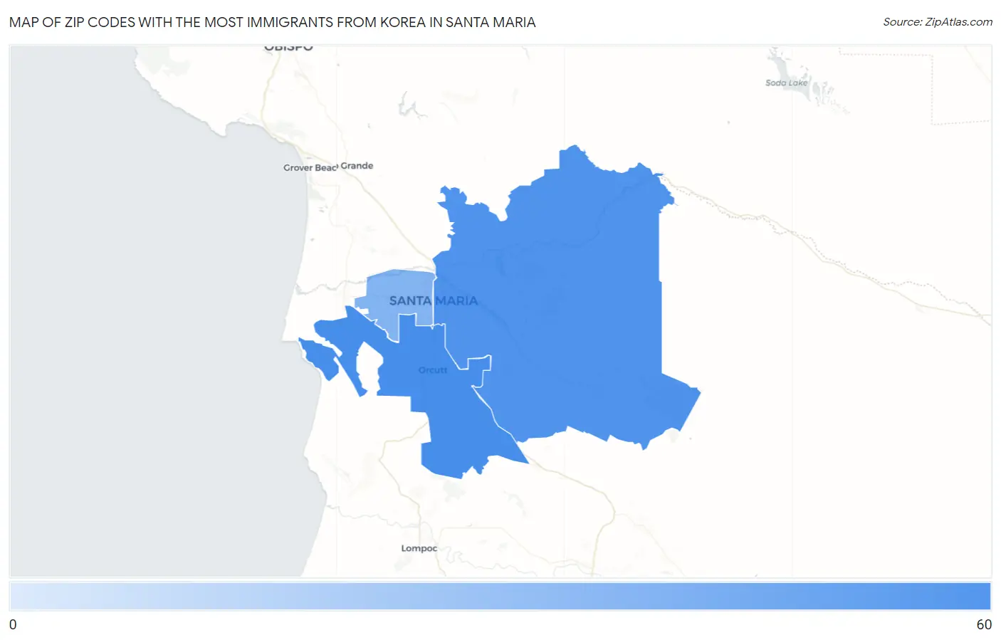 Zip Codes with the Most Immigrants from Korea in Santa Maria Map