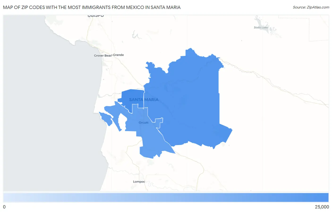 Zip Codes with the Most Immigrants from Mexico in Santa Maria Map