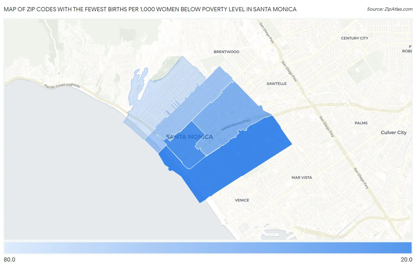 Zip Codes with the Fewest Births per 1,000 Women Below Poverty Level in Santa Monica Map