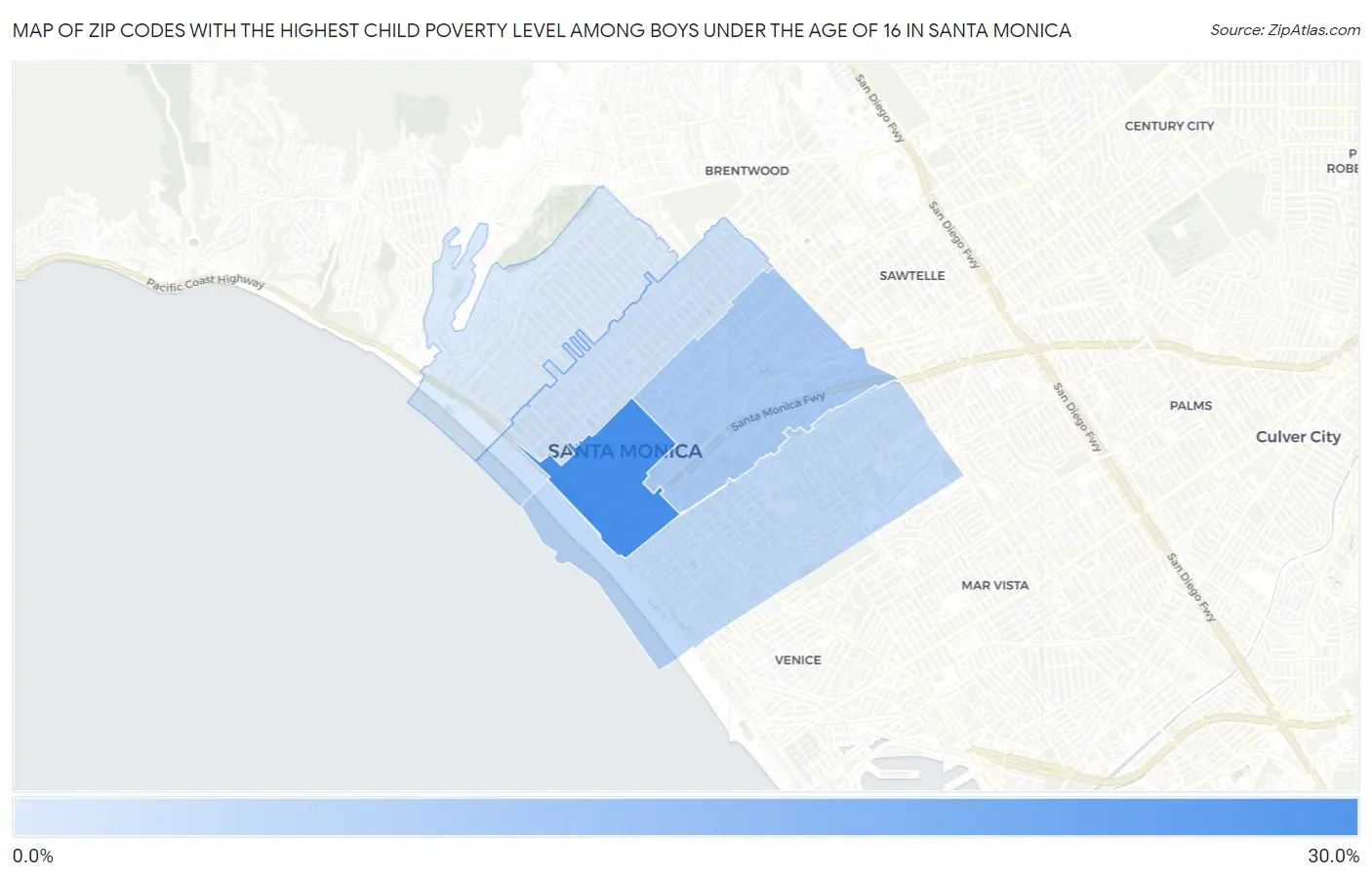 Zip Codes with the Highest Child Poverty Level Among Boys Under the Age of 16 in Santa Monica Map