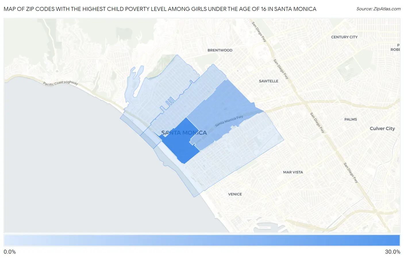 Zip Codes with the Highest Child Poverty Level Among Girls Under the Age of 16 in Santa Monica Map