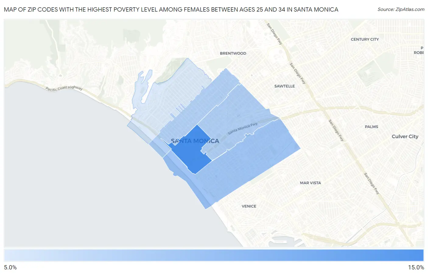 Zip Codes with the Highest Poverty Level Among Females Between Ages 25 and 34 in Santa Monica Map