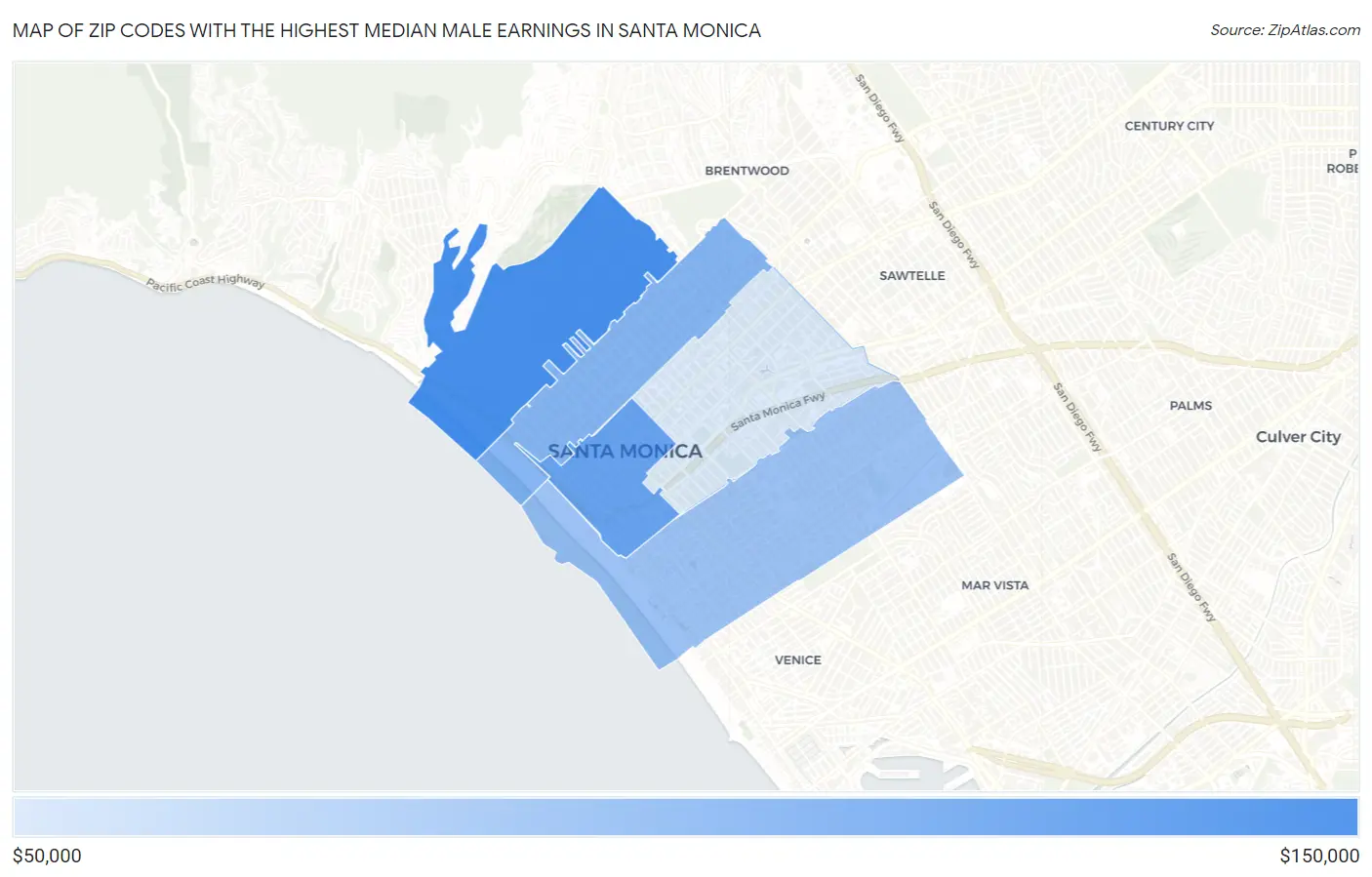 Zip Codes with the Highest Median Male Earnings in Santa Monica Map