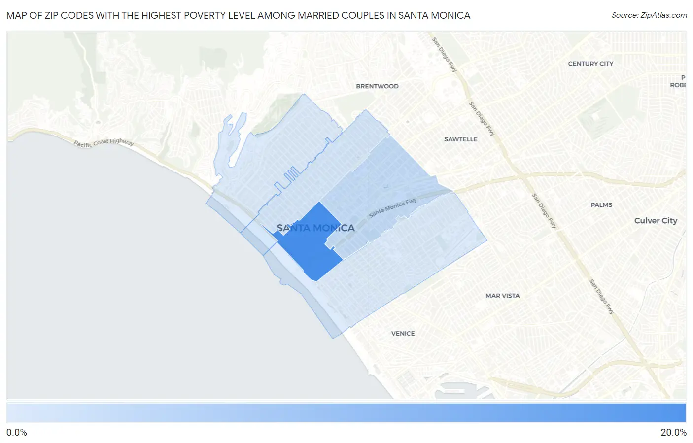Zip Codes with the Highest Poverty Level Among Married Couples in Santa Monica Map