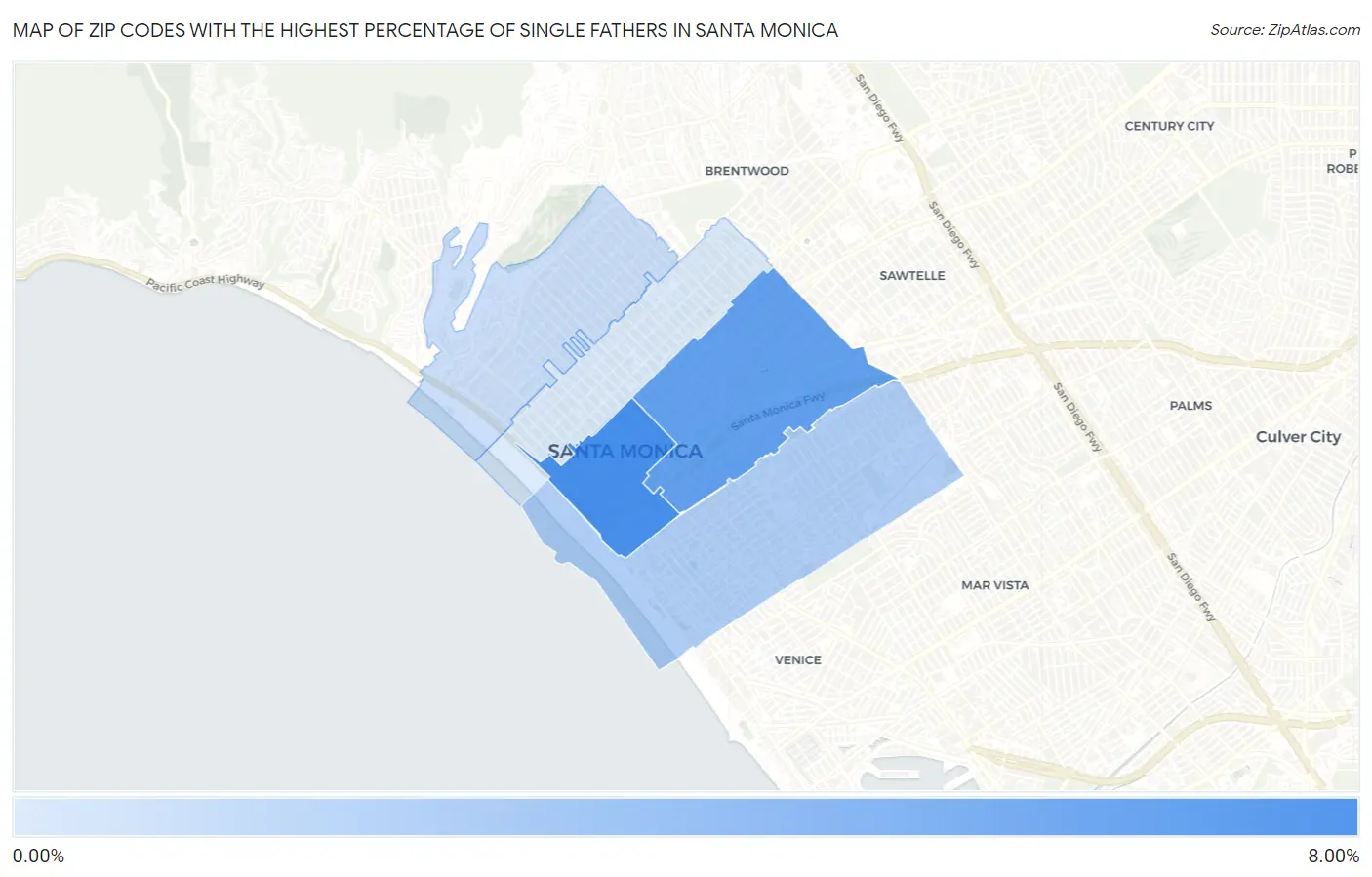 Zip Codes with the Highest Percentage of Single Fathers in Santa Monica Map