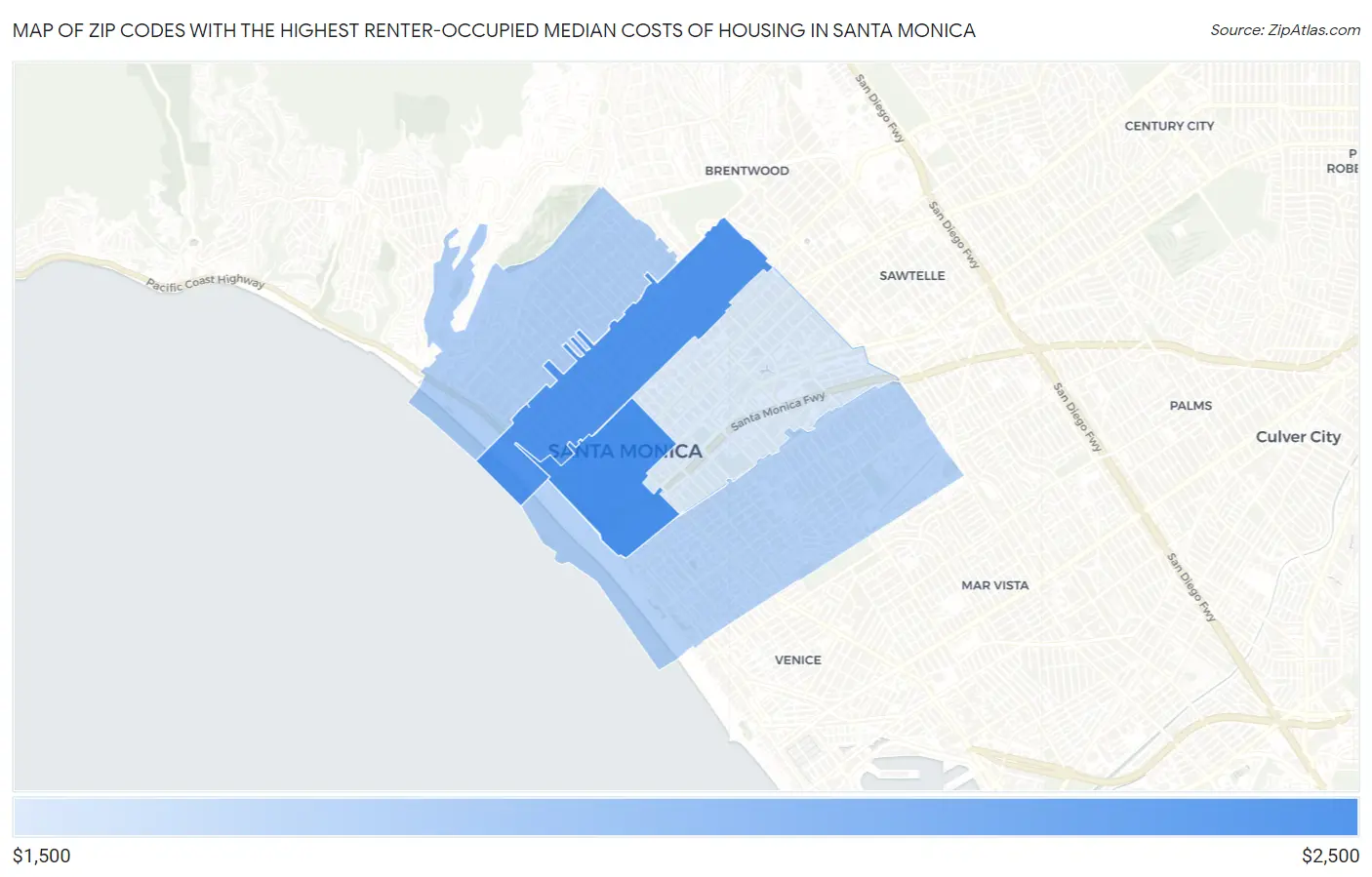 Zip Codes with the Highest Renter-Occupied Median Costs of Housing in Santa Monica Map