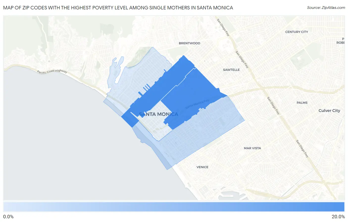 Zip Codes with the Highest Poverty Level Among Single Mothers in Santa Monica Map