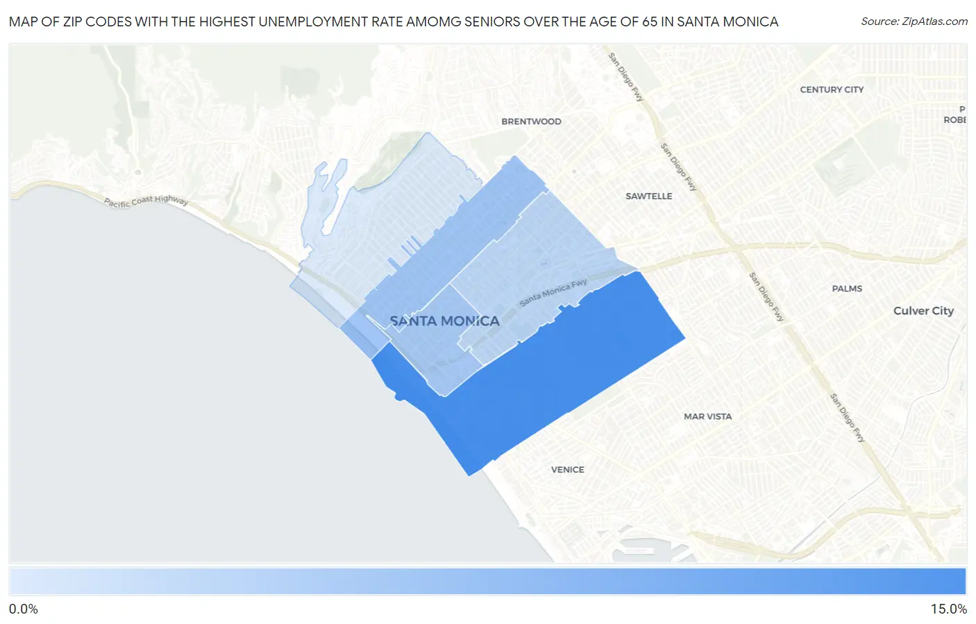 Zip Codes with the Highest Unemployment Rate Amomg Seniors Over the Age of 65 in Santa Monica Map