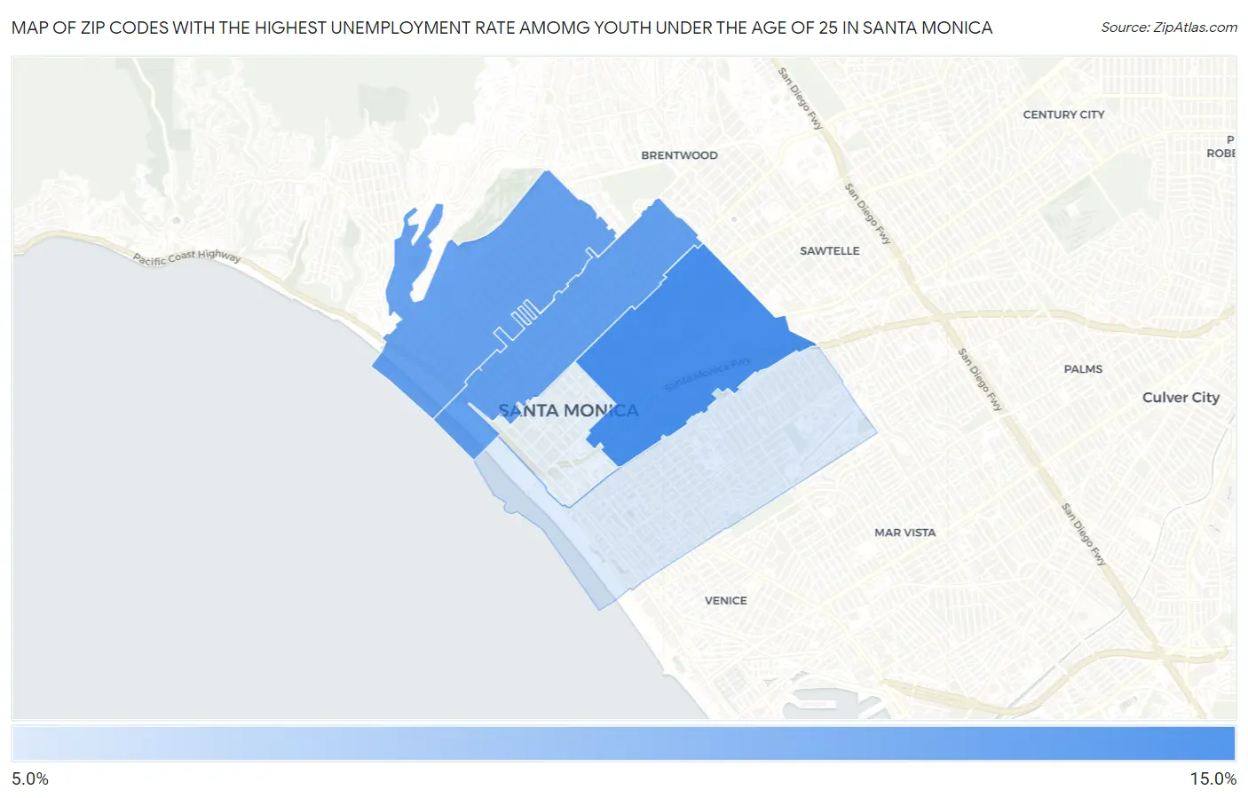 Zip Codes with the Highest Unemployment Rate Amomg Youth Under the Age of 25 in Santa Monica Map
