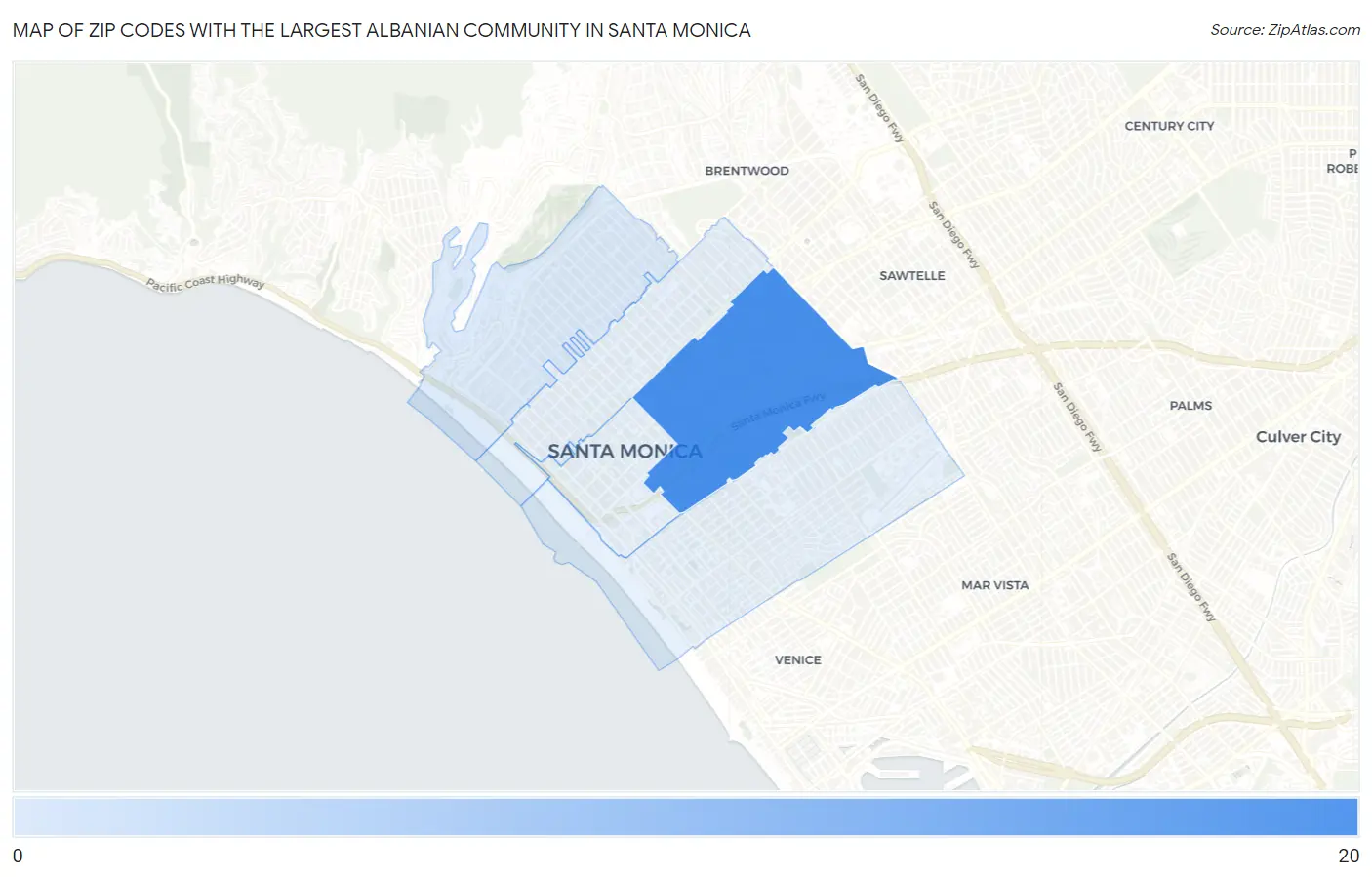 Zip Codes with the Largest Albanian Community in Santa Monica Map