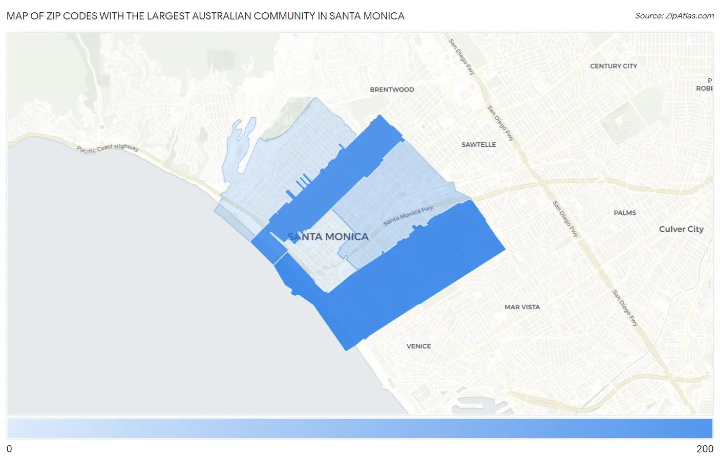 Zip Codes with the Largest Australian Community in Santa Monica Map