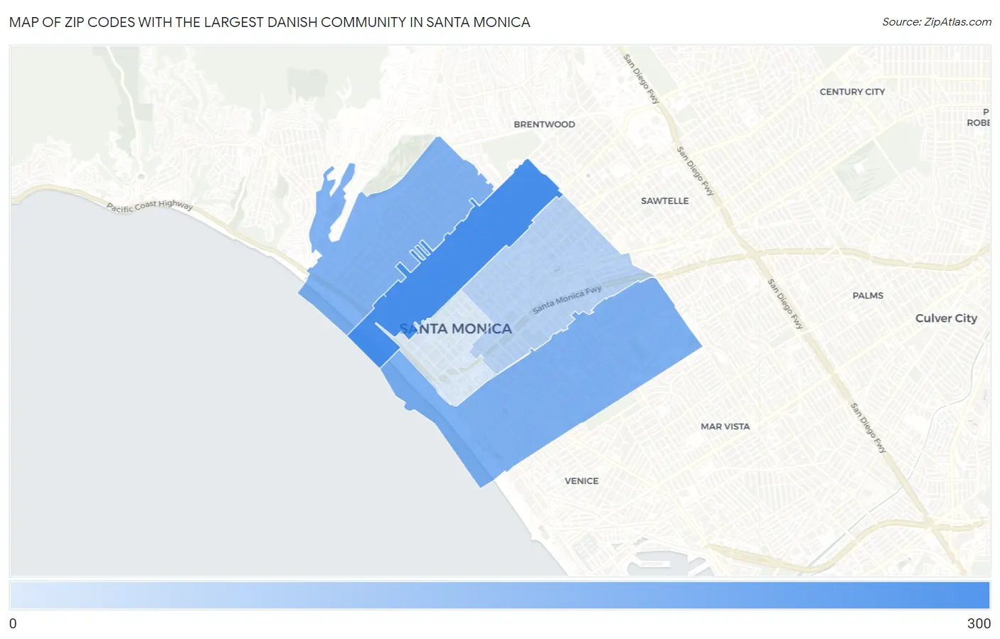 Zip Codes with the Largest Danish Community in Santa Monica Map