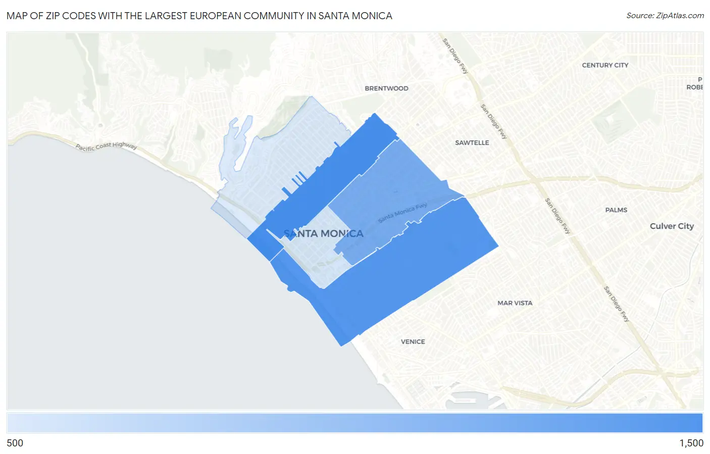 Zip Codes with the Largest European Community in Santa Monica Map
