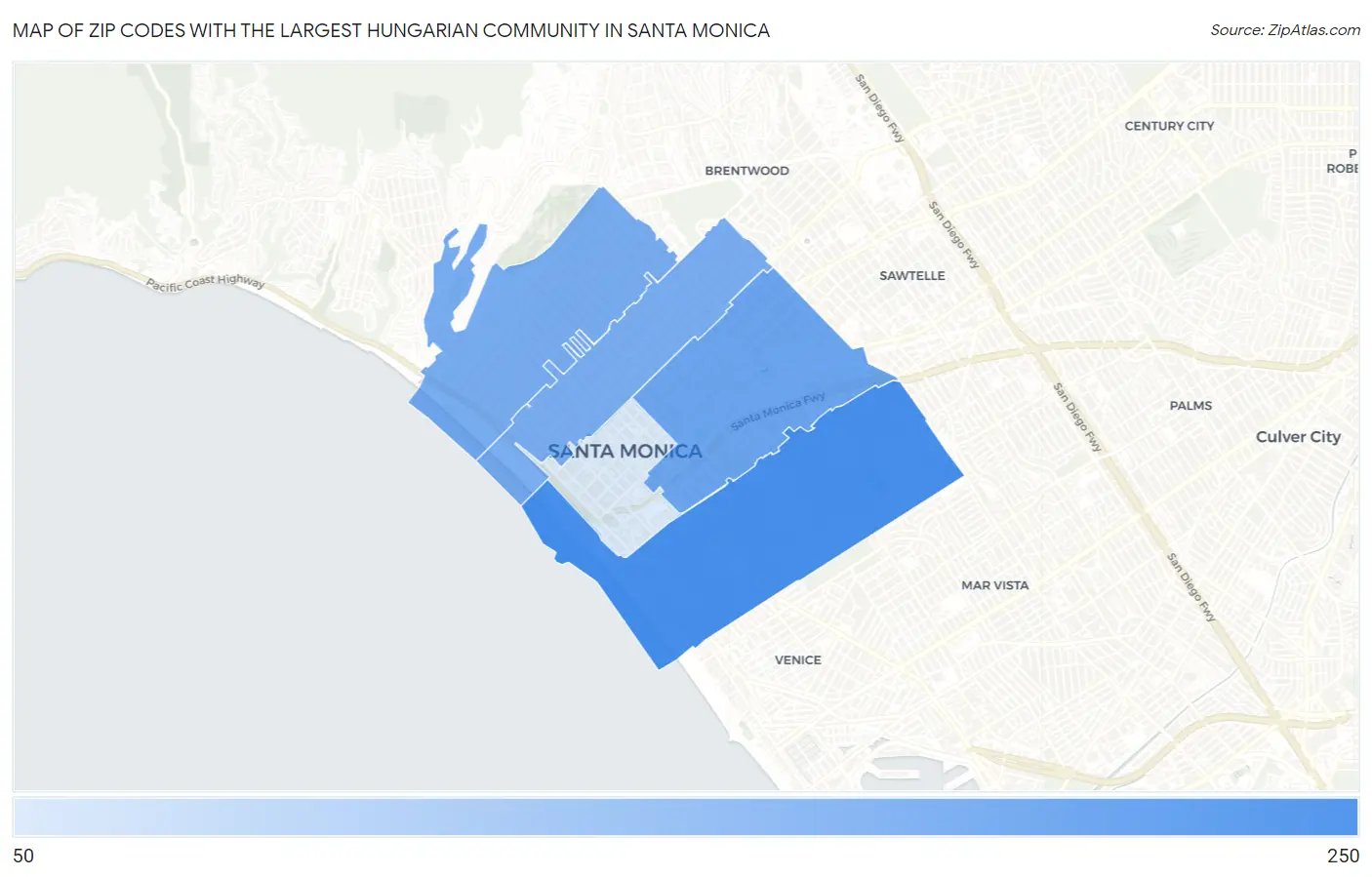 Zip Codes with the Largest Hungarian Community in Santa Monica Map
