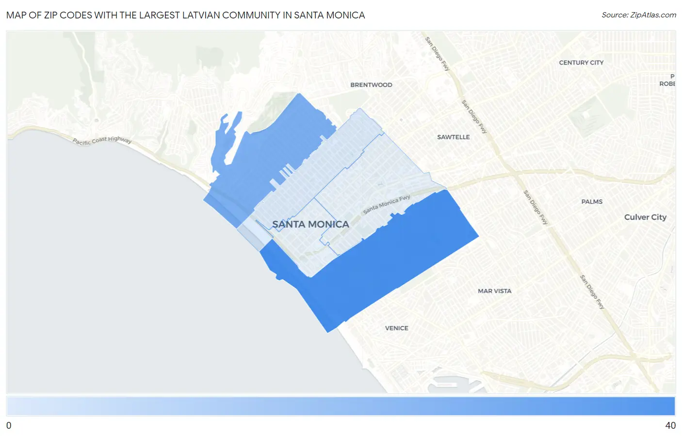 Zip Codes with the Largest Latvian Community in Santa Monica Map