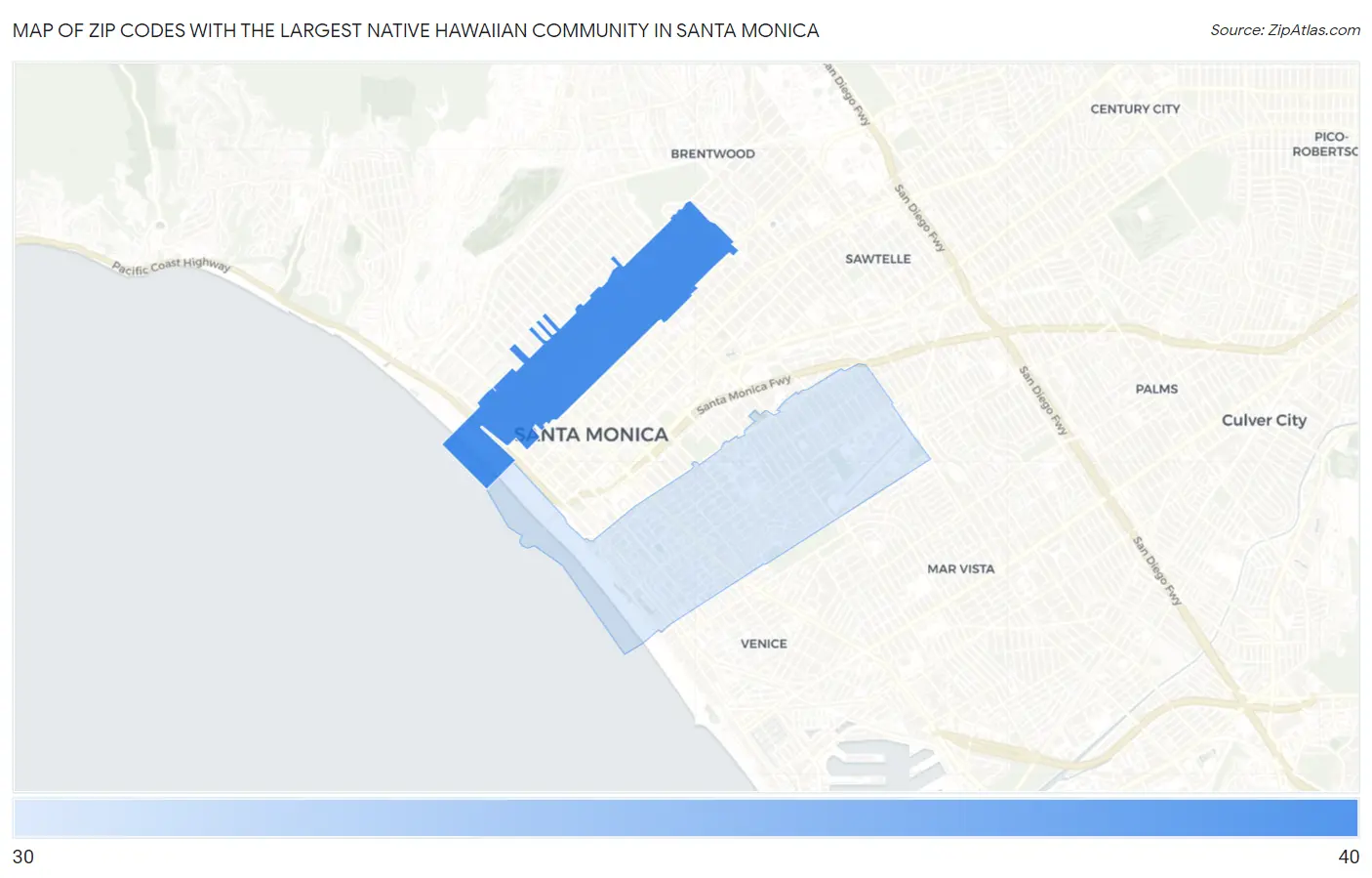 Zip Codes with the Largest Native Hawaiian Community in Santa Monica Map