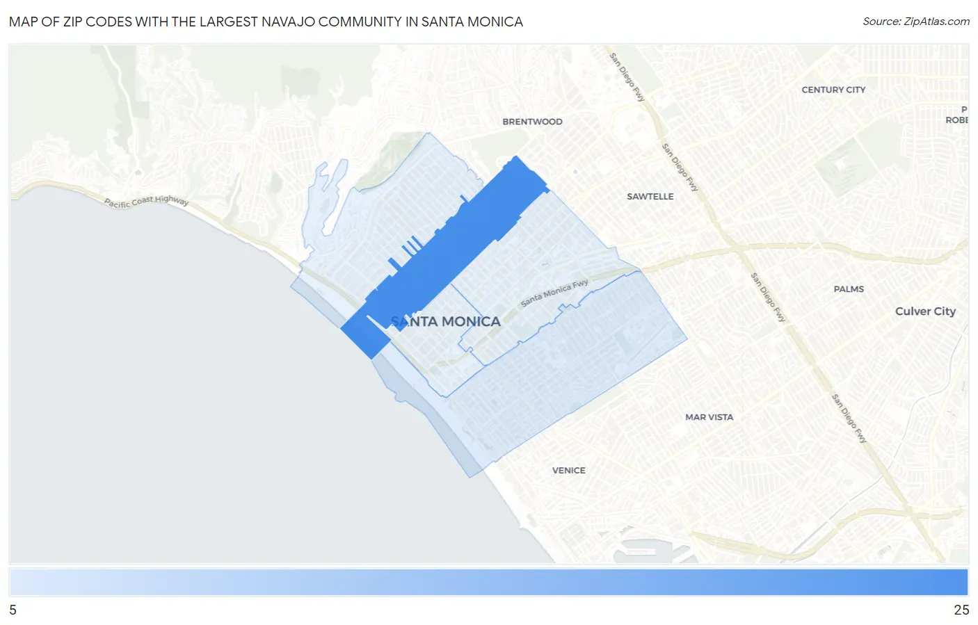 Zip Codes with the Largest Navajo Community in Santa Monica Map