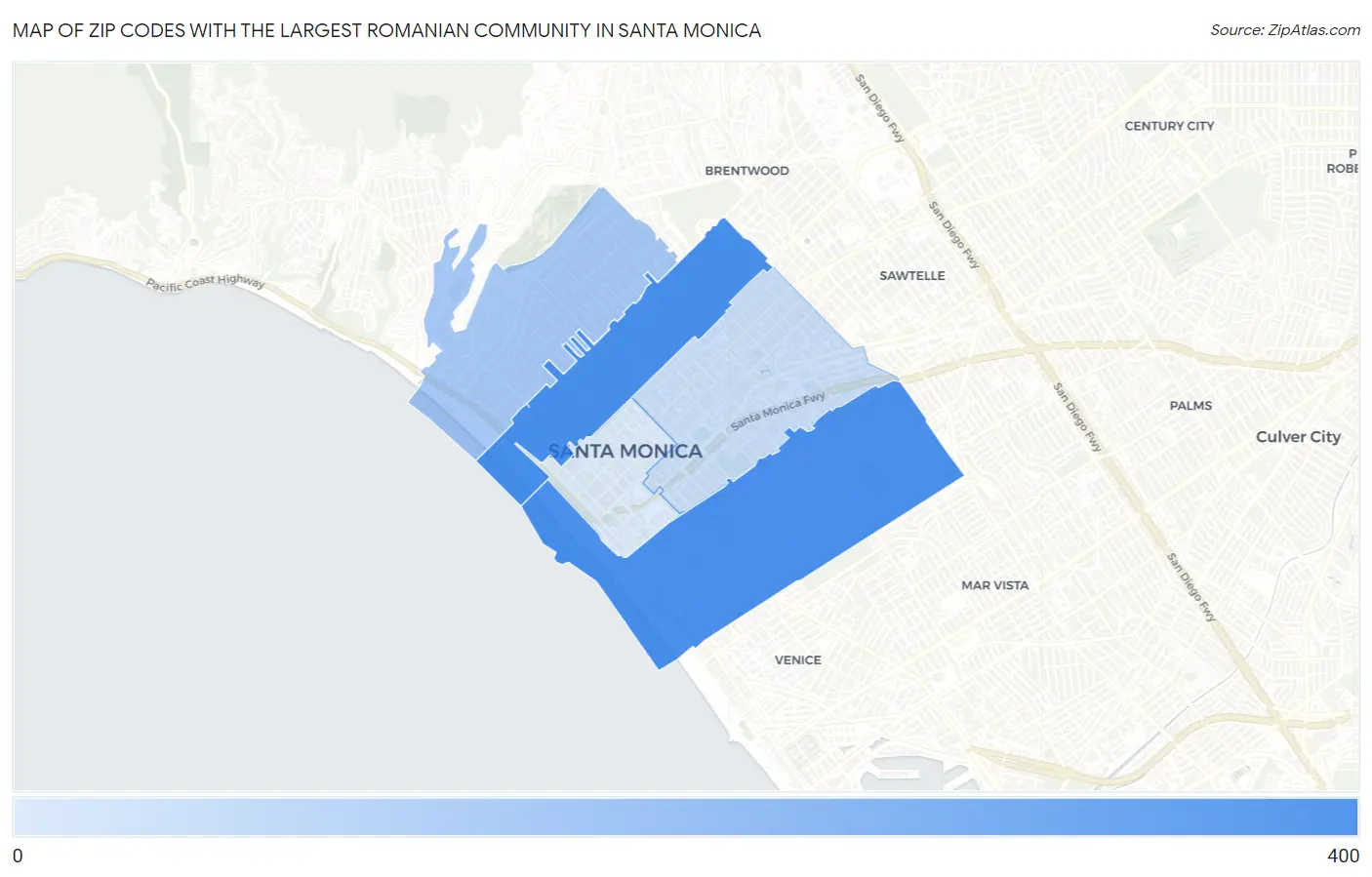 Zip Codes with the Largest Romanian Community in Santa Monica Map