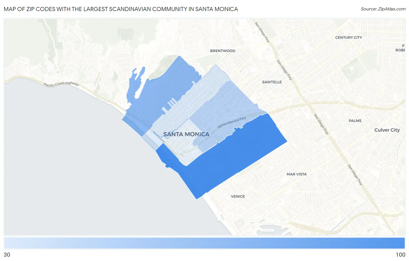 Zip Codes with the Largest Scandinavian Community in Santa Monica Map
