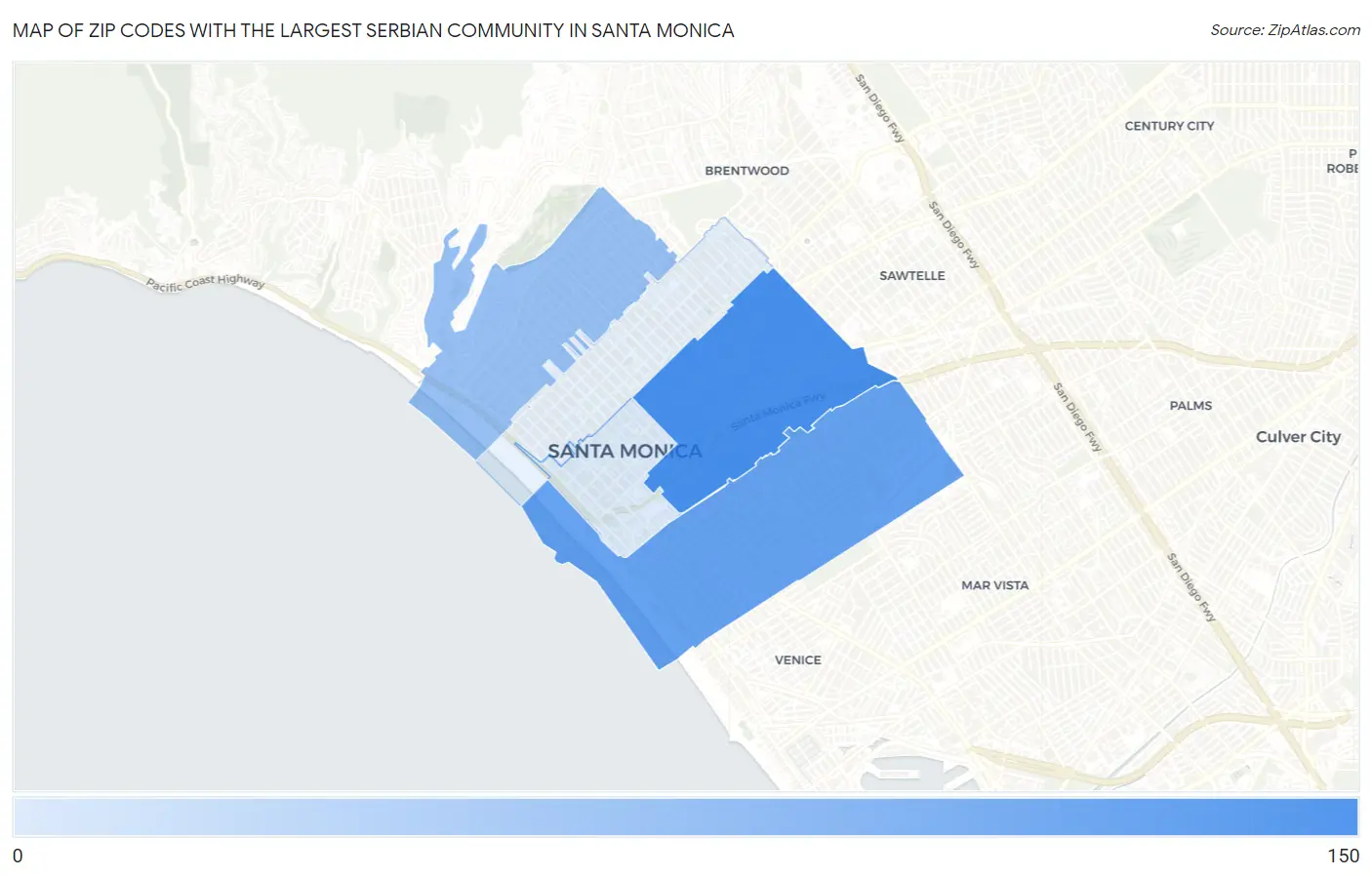 Zip Codes with the Largest Serbian Community in Santa Monica Map