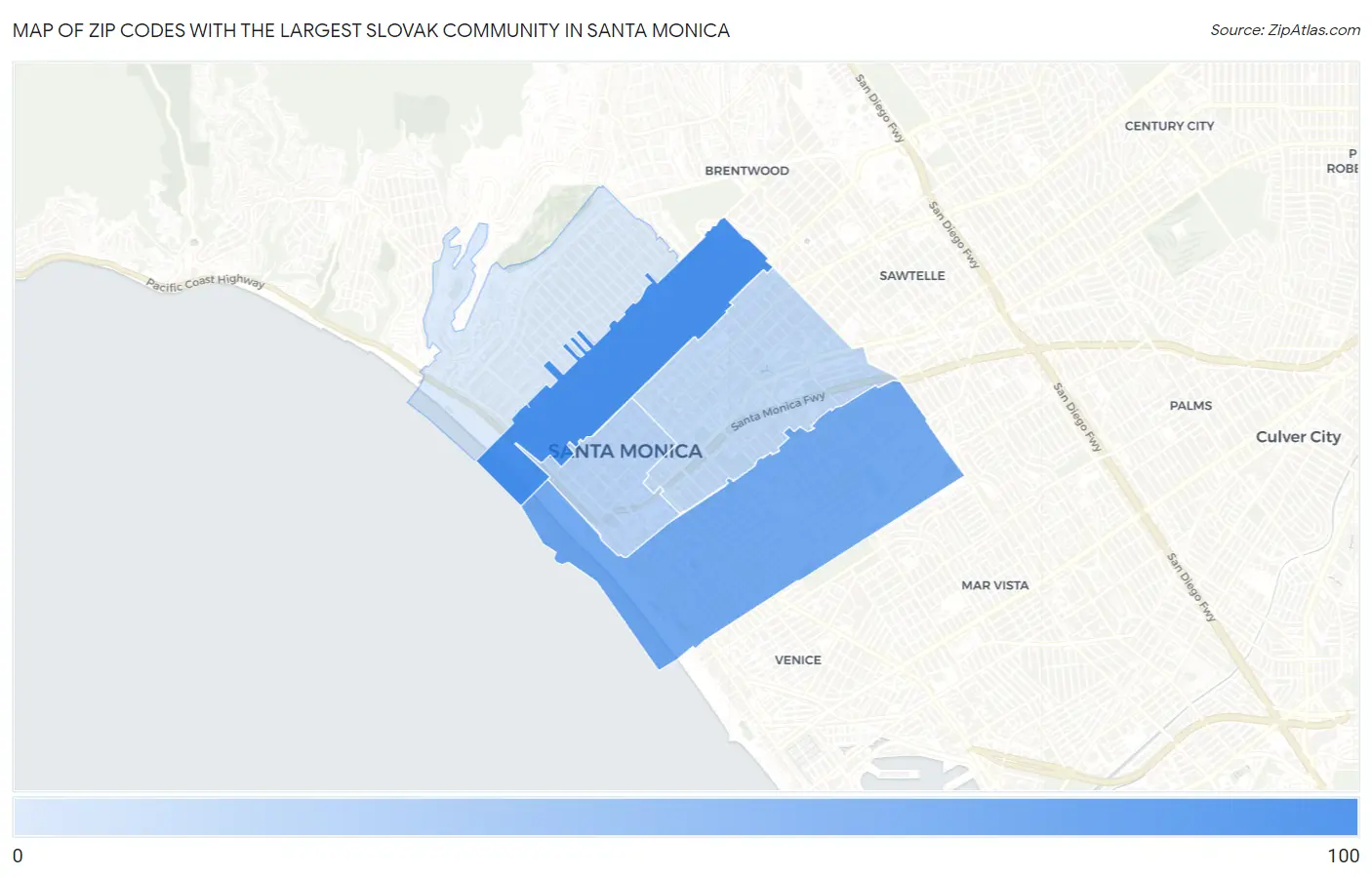Zip Codes with the Largest Slovak Community in Santa Monica Map