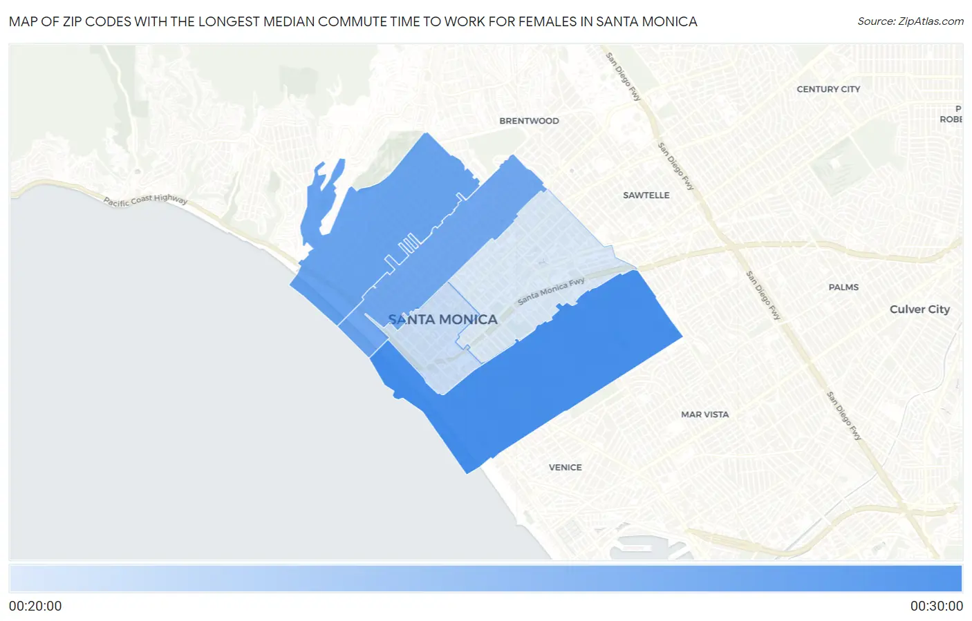 Zip Codes with the Longest Median Commute Time to Work for Females in Santa Monica Map