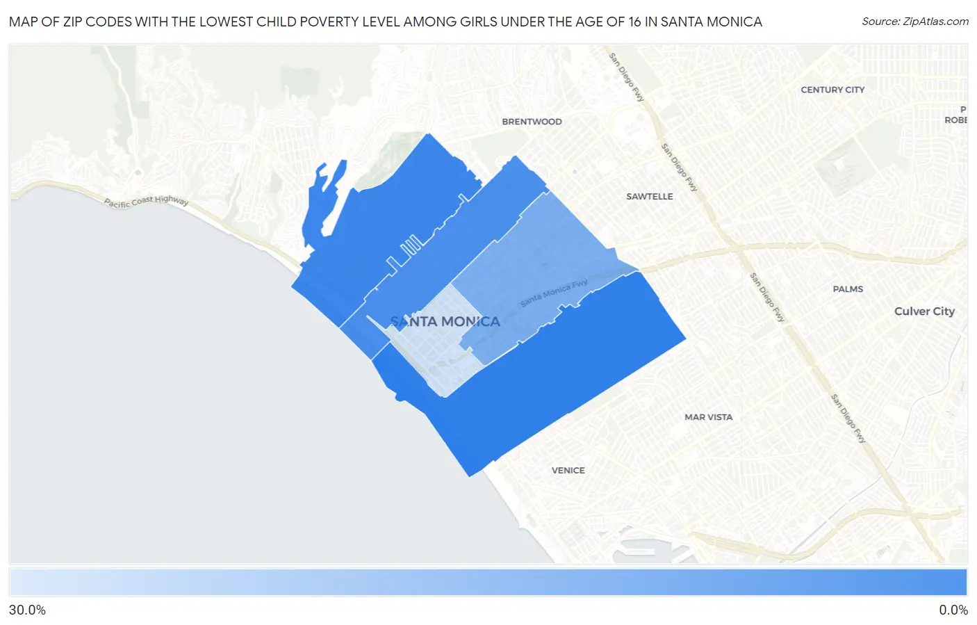 Zip Codes with the Lowest Child Poverty Level Among Girls Under the Age of 16 in Santa Monica Map