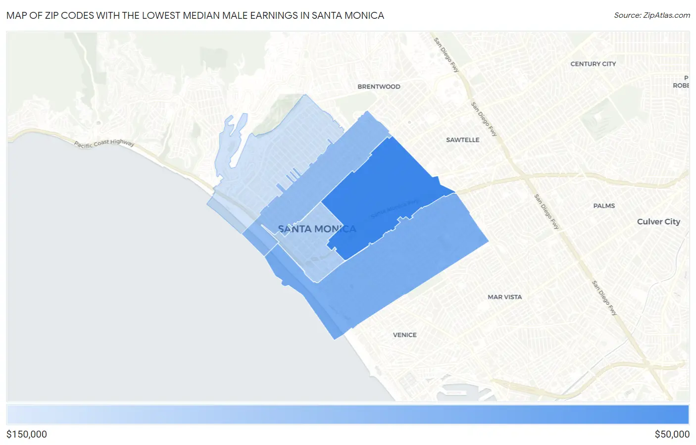 Zip Codes with the Lowest Median Male Earnings in Santa Monica Map