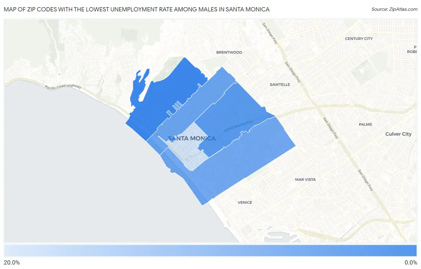 Zip Codes with the Lowest Unemployment Rate Among Males in Santa Monica Map