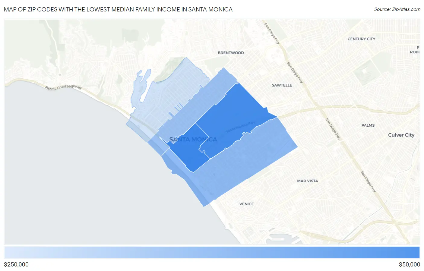 Zip Codes with the Lowest Median Family Income in Santa Monica Map